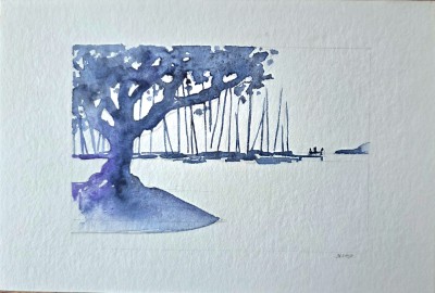 Aquarellbild mit  abstrahierten Booten im Hafen in der Nacht mit bunten Lichtern und Reflexen auf dem Wasser